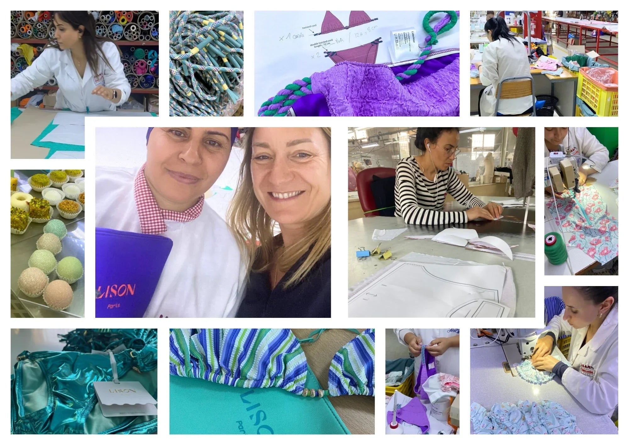 Collage of people sewing swimsuits, fabric details, swimwear patterns, and colorful beachwear materials.