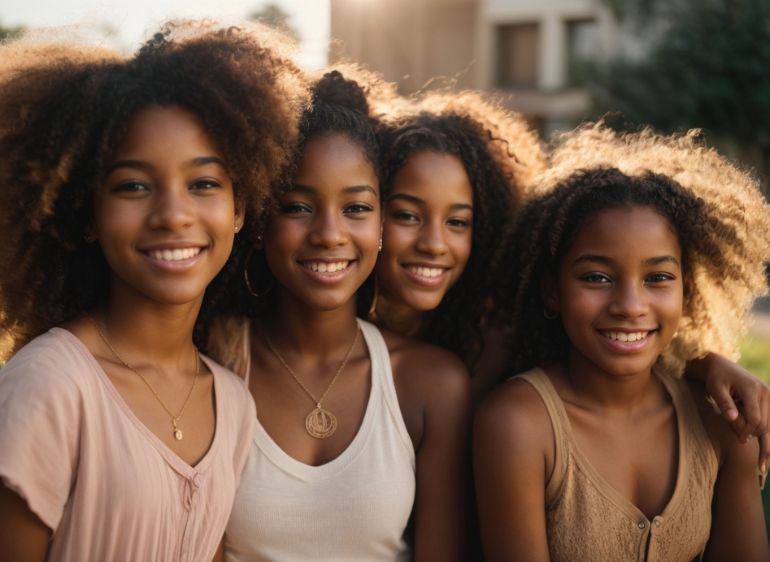 Four smiling girls in summer outfits outdoors, natural hair, sunlight, friendship, vacation vibe