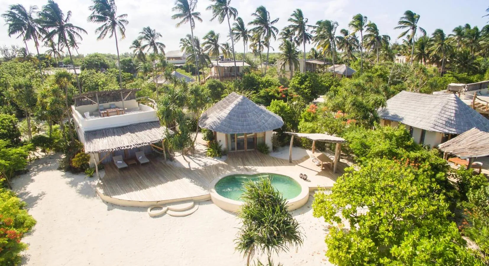 Tropical beach resort with private pool, palm trees, and thatched-roof villas
