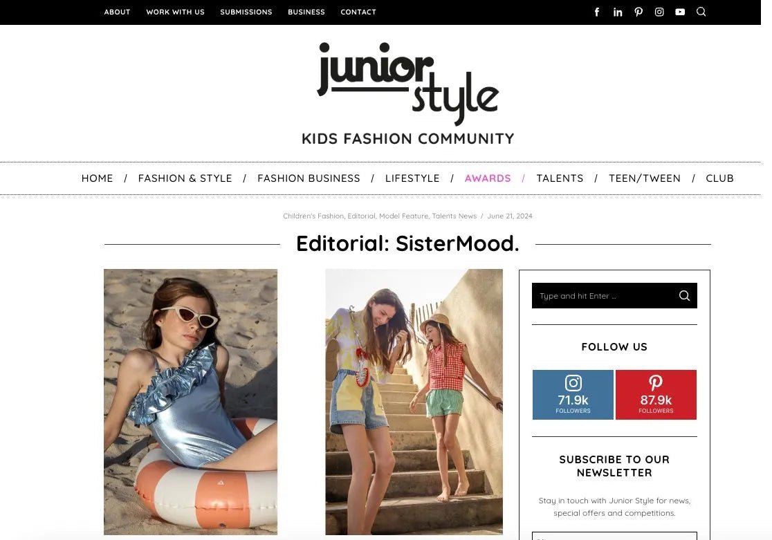 Girls modeling stylish swimsuits and summer outfits in a kids fashion editorial.