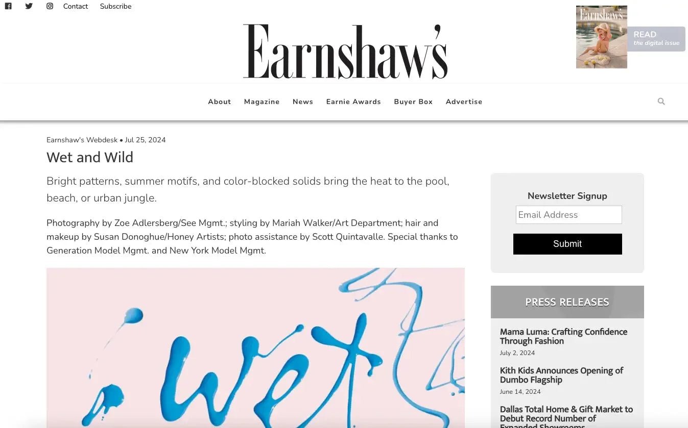 Screenshot of Earnshaw’s magazine article titled 'Wet and Wild' featuring summer swimwear trends.