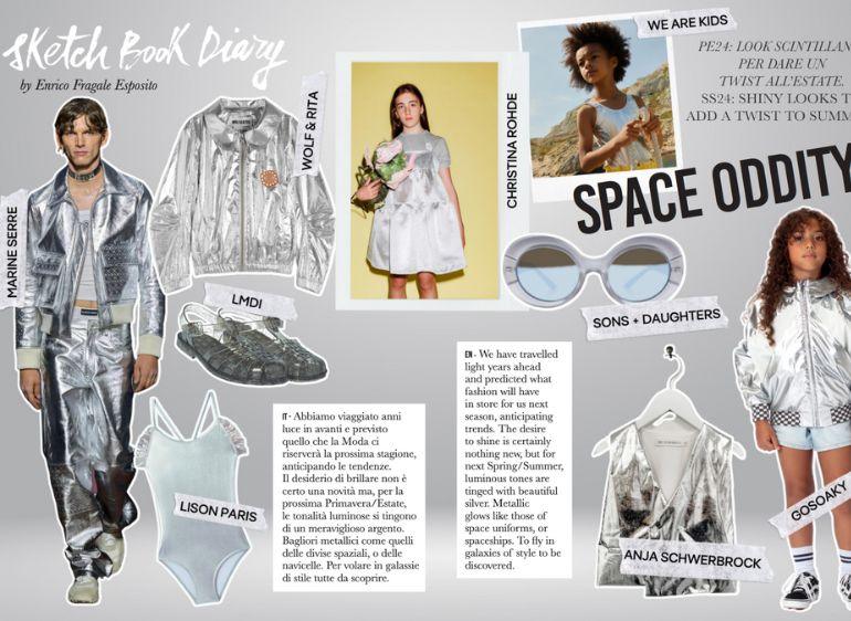 Fashion collage with metallic and silver outfits, children's and adult beachwear, futuristic sunglasses, and swimwear bodysuit on a style inspiration page.