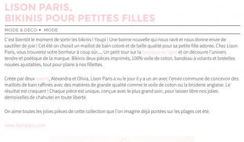 Magazine article in French about colorful girls' swimwear with anti-UV protection