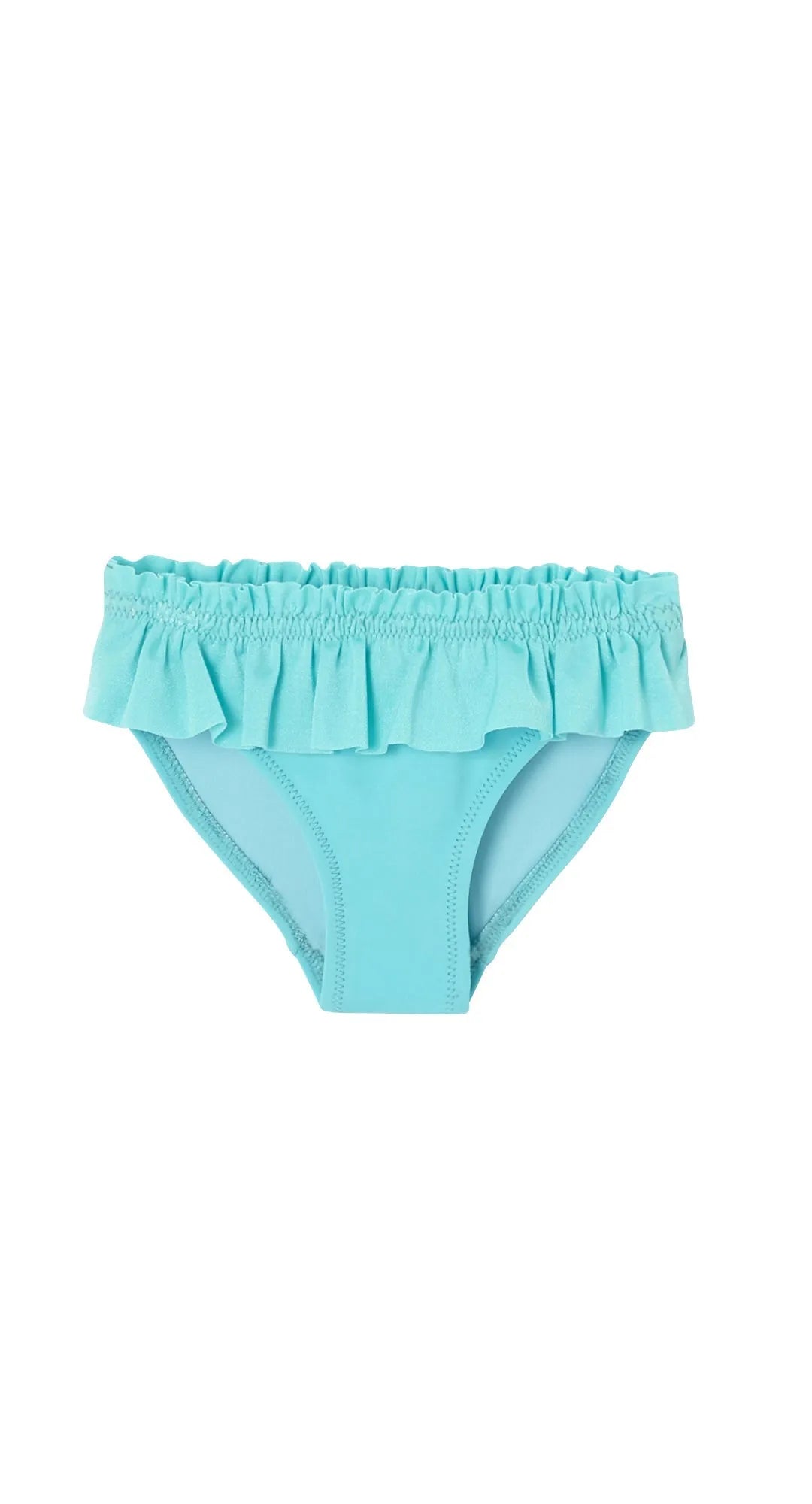 Light blue baby girl swim bottom with ruffle trim on white background