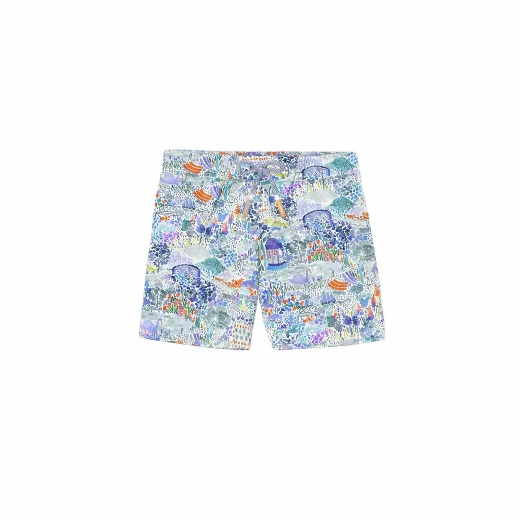 Lison Paris boys' multicolor blue swim shorts with vibrant summer print, eco-friendly beachwear