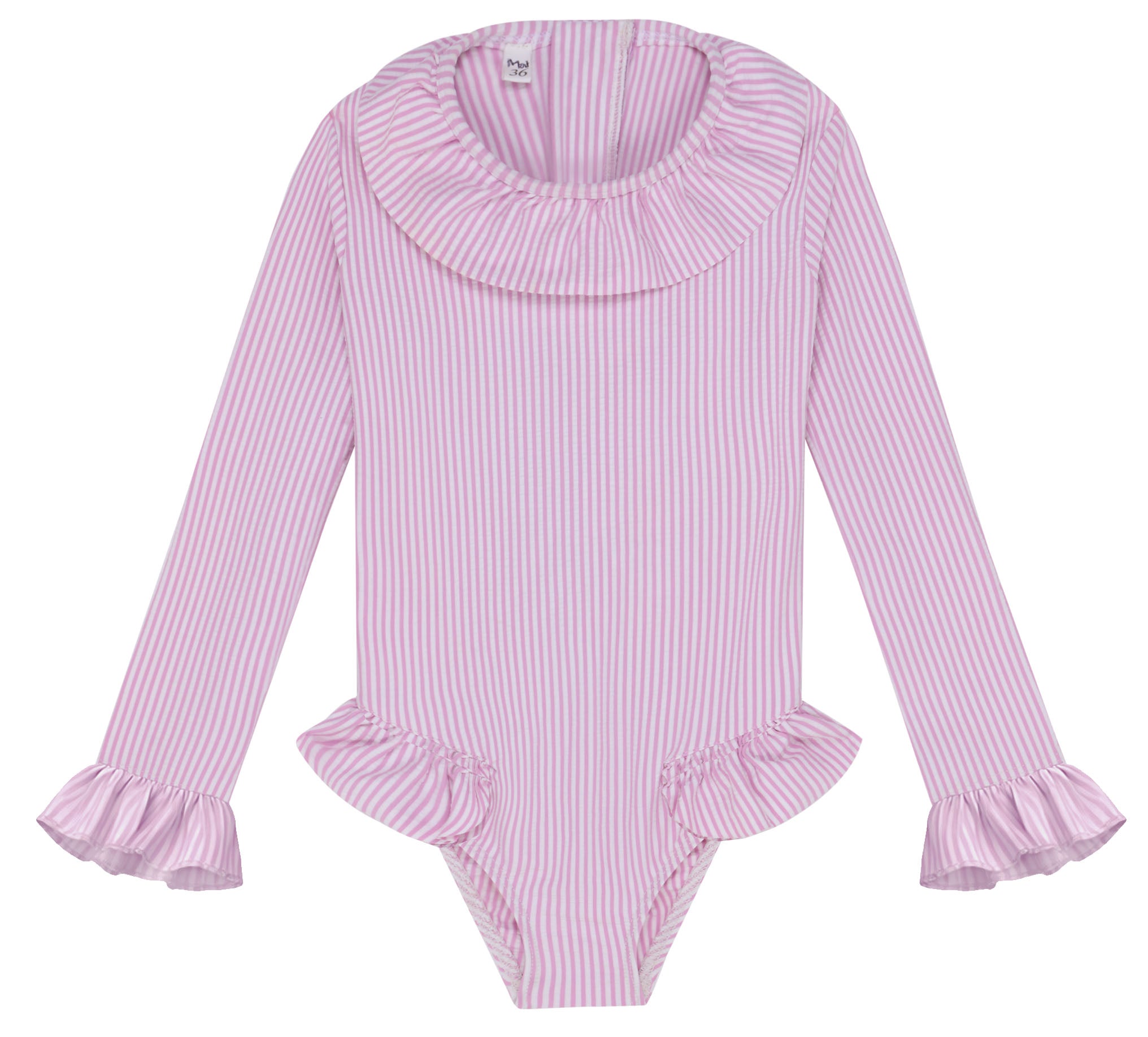 Lilac striped long sleeve girls UV swimsuit with ruffled collar and wrists