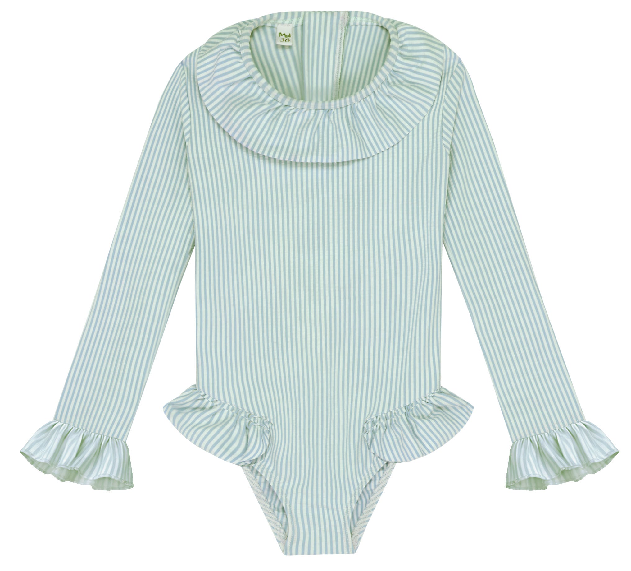 Girls' long sleeve striped swimsuit with ruffle collar and cuffs, pastel green and white.