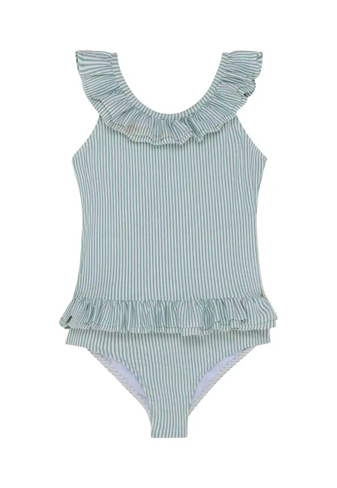 Girls' green and white striped one-piece swimsuit with ruffle details