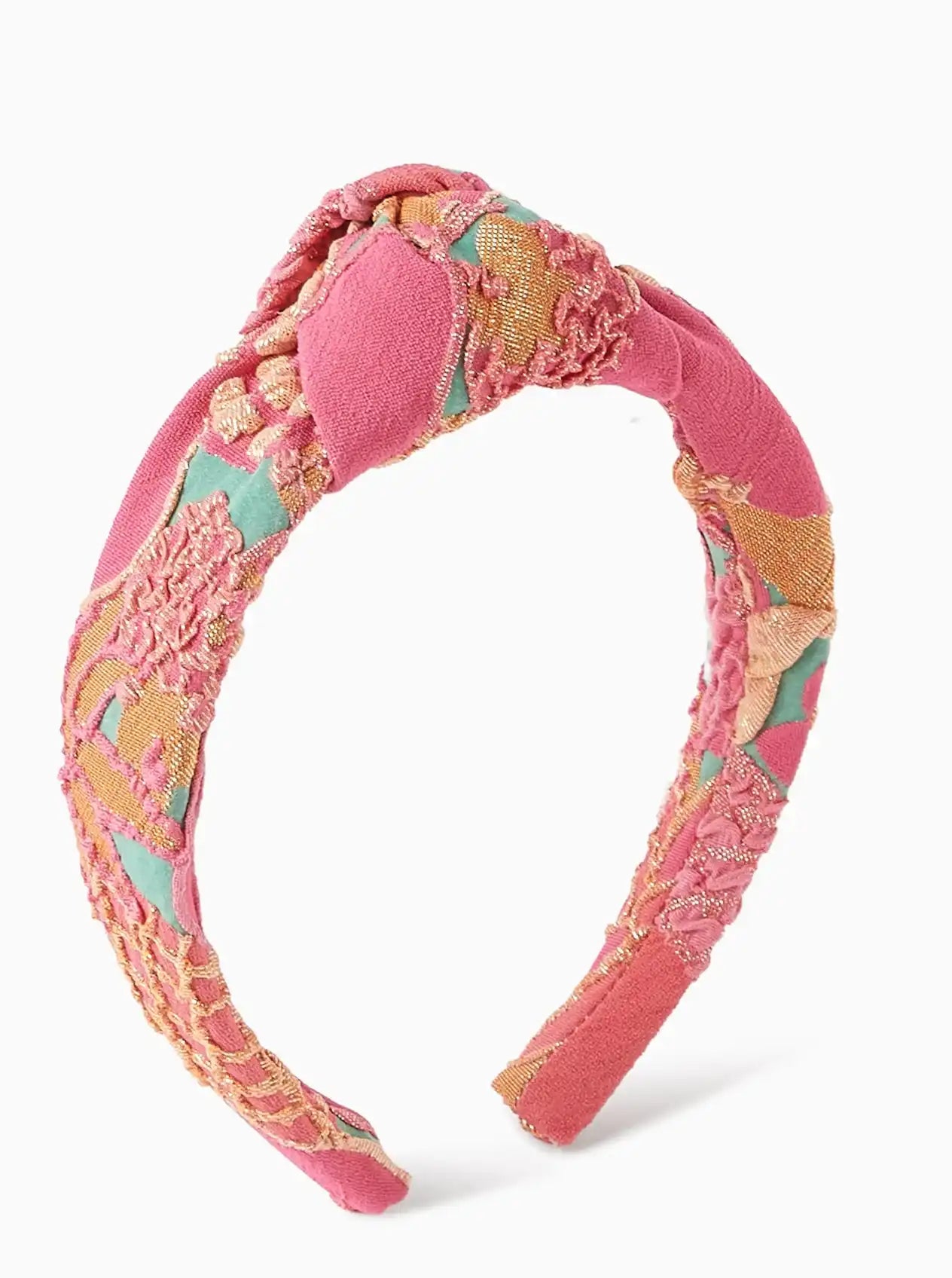 Pink embroidered headband with gold and green accents, Lison Paris girl accessory