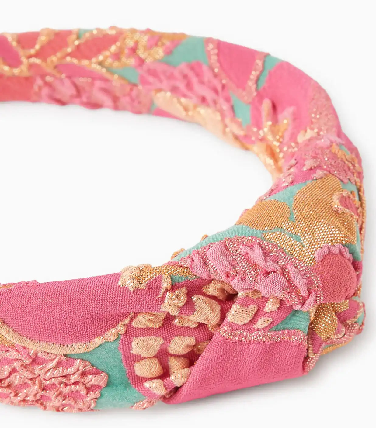 Pink and gold floral textile headband with twisted knot detail, Lison Paris accessory