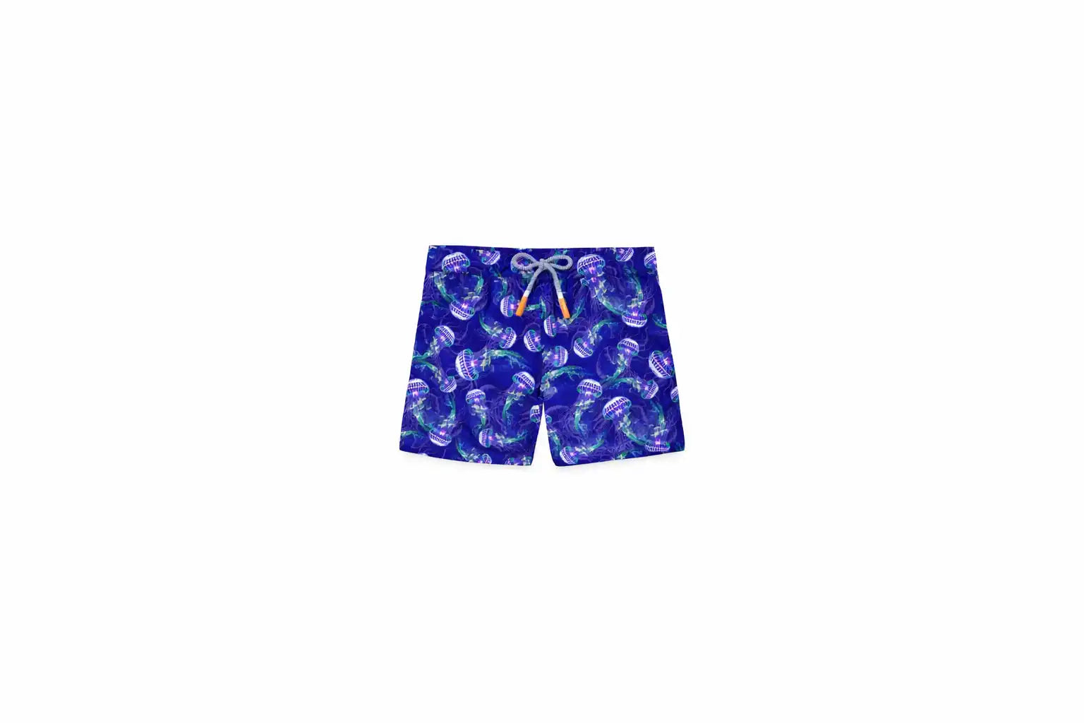 Boys' blue swim shorts with colorful jellyfish print, Lison Paris beachwear
