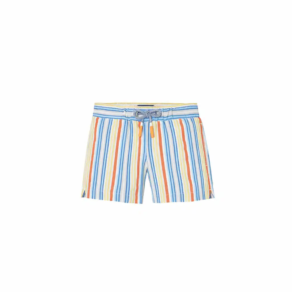 Lison Paris boys' swim shorts with multicolor stripes on white background, UV protection