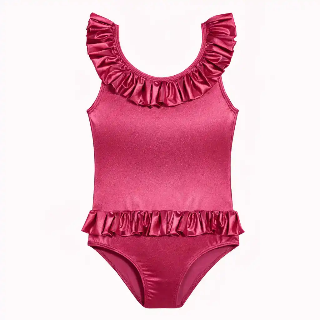 Girls’ pink ruffle one-piece swimsuit with UV protection, sleeveless, beachwear style.