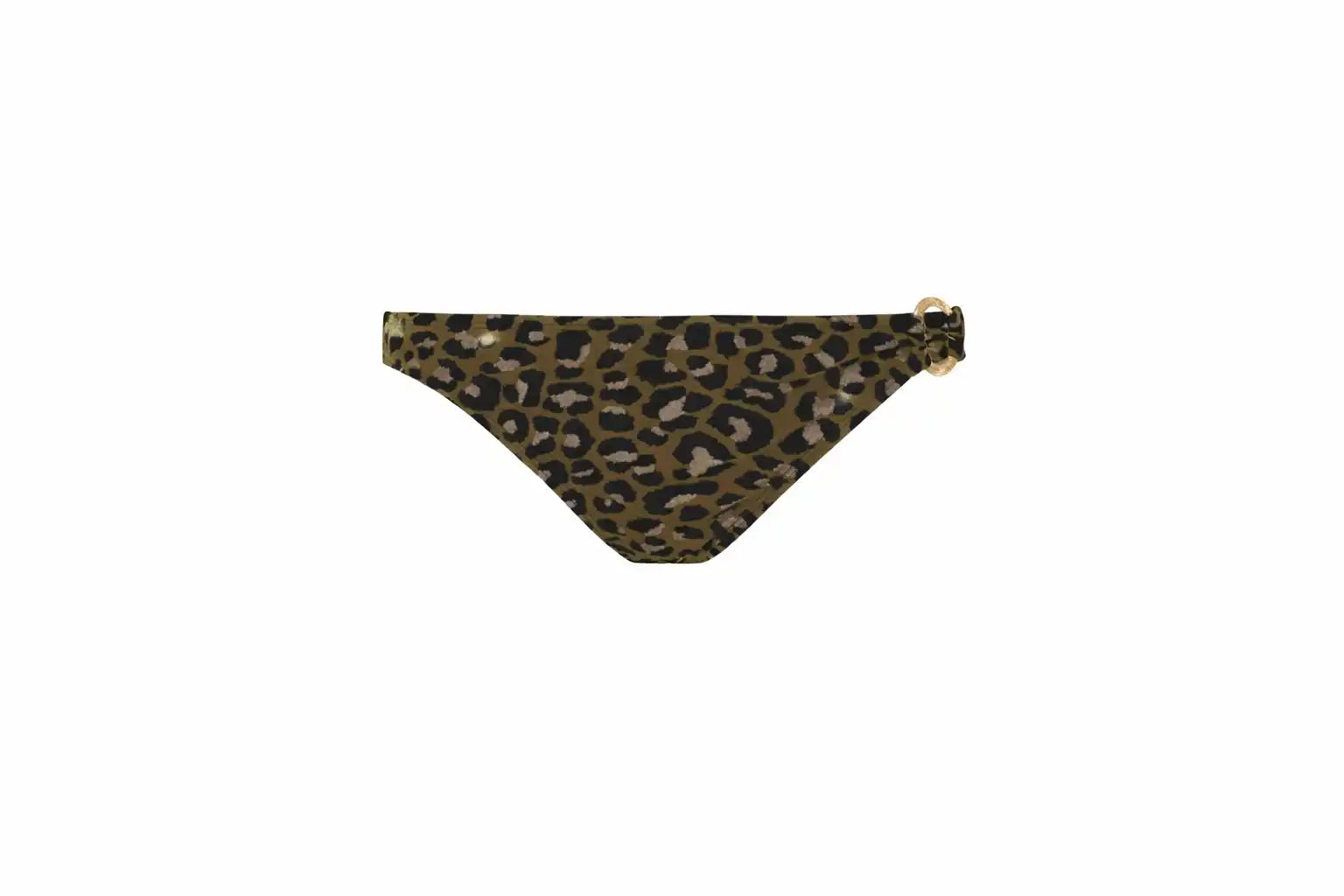 Lison Paris leopard print bikini bottom with gold ring detail, eco-friendly swimwear