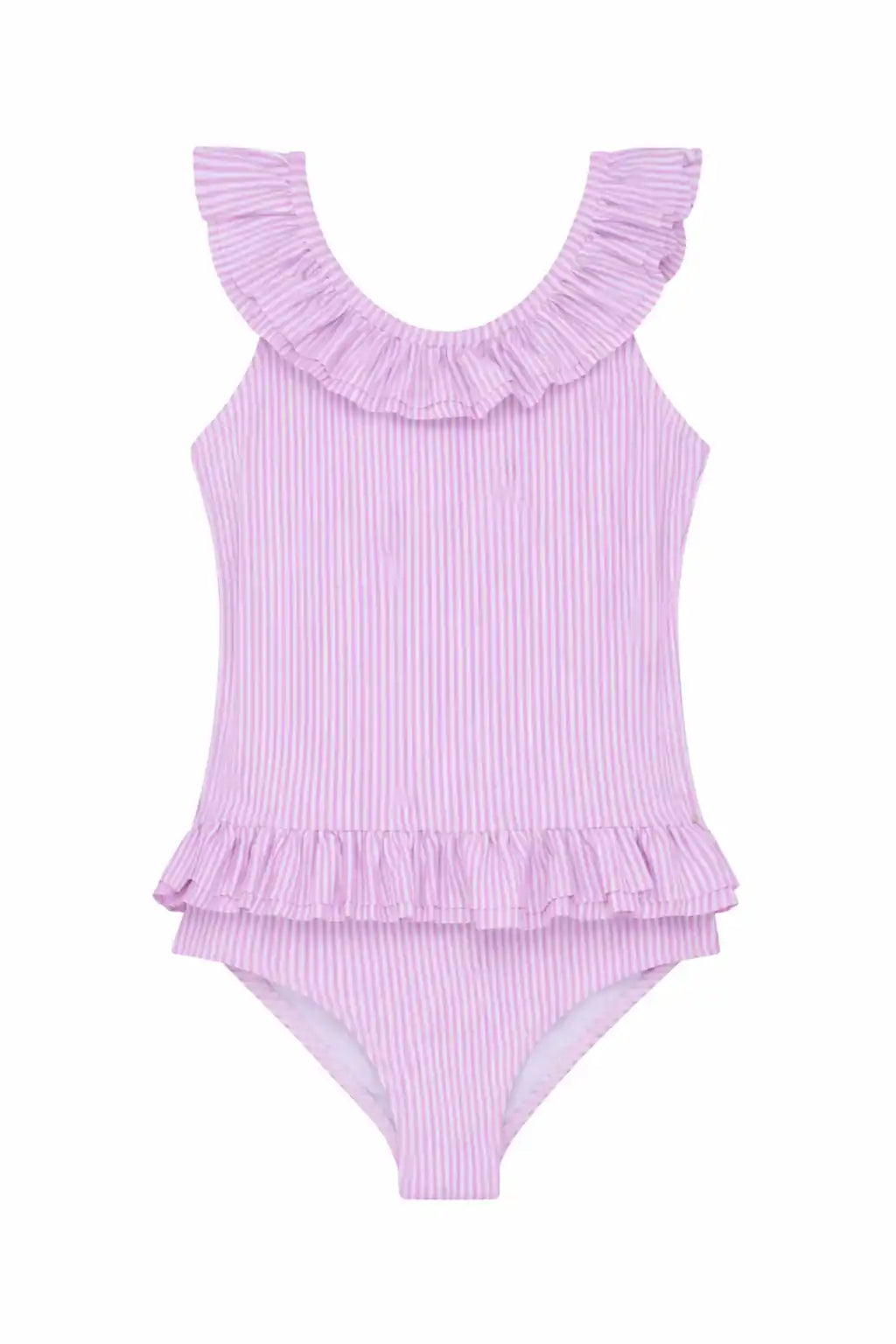 Lison Paris pink striped girls' UV-protection swimsuit with ruffle details