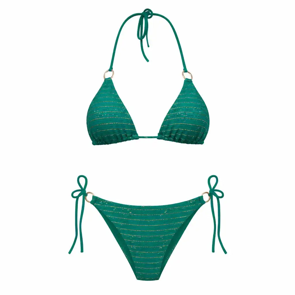 Green and gold striped triangle bikini set with side ties from Lison Paris beachwear.