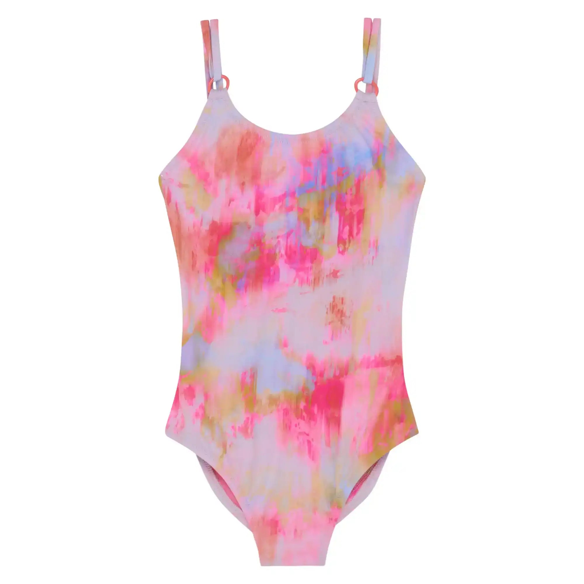 Girl's one-piece swimsuit with pink, yellow, and blue watercolor pattern, thin straps
