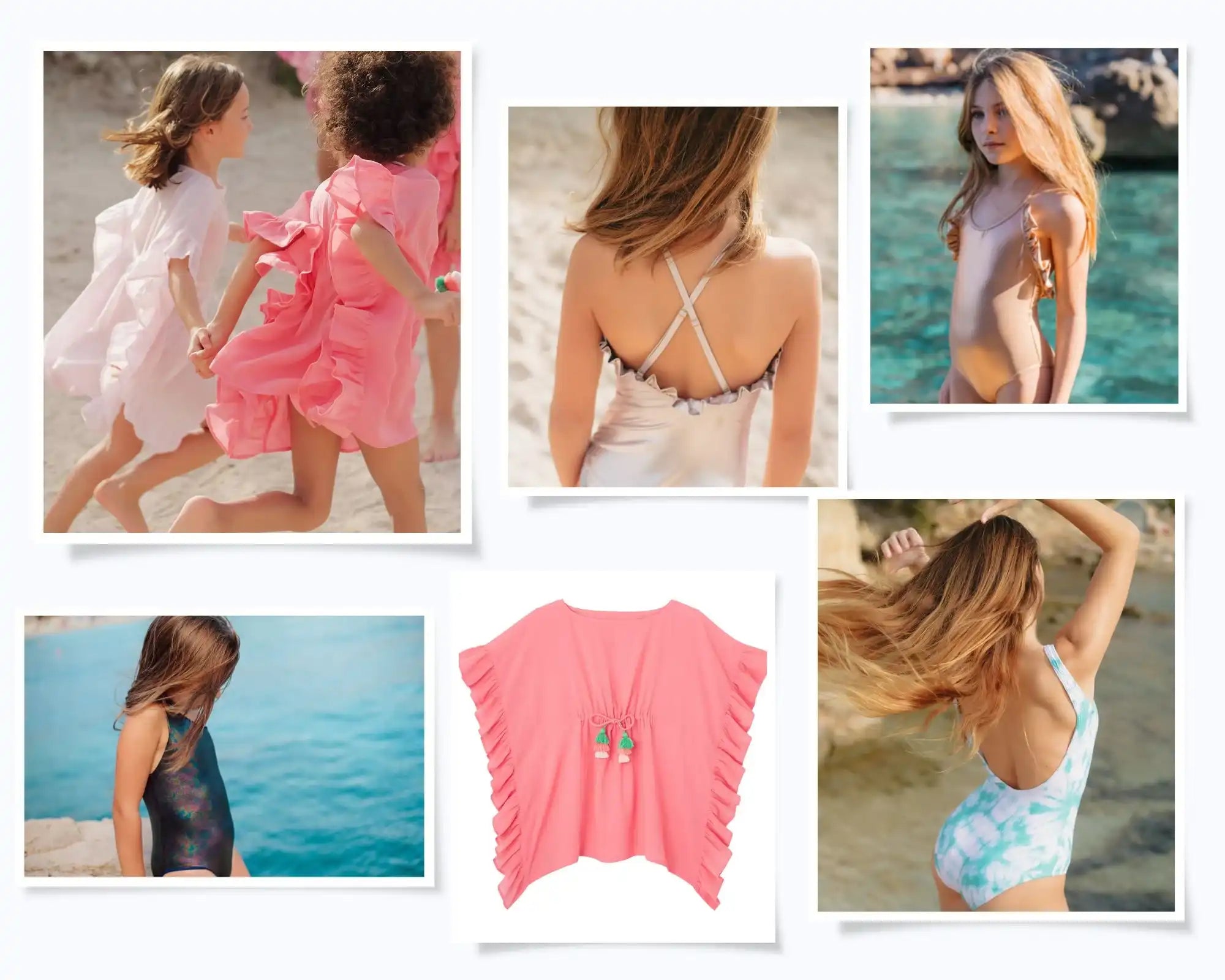 Collage of girls wearing stylish swimsuits and beachwear by the sea on a sunny beach.