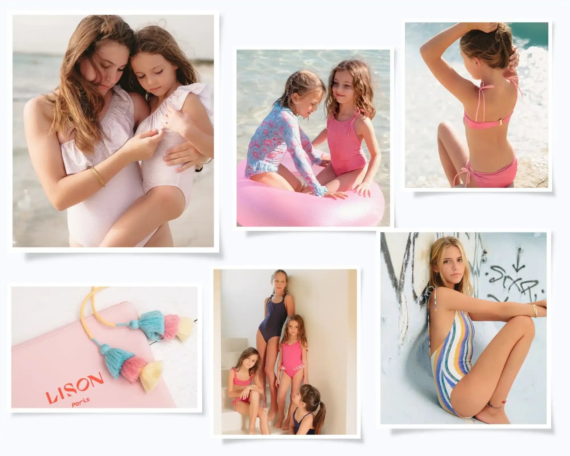 Girls wearing colorful swimsuits and beachwear on the beach, collage with pool bag and tassels