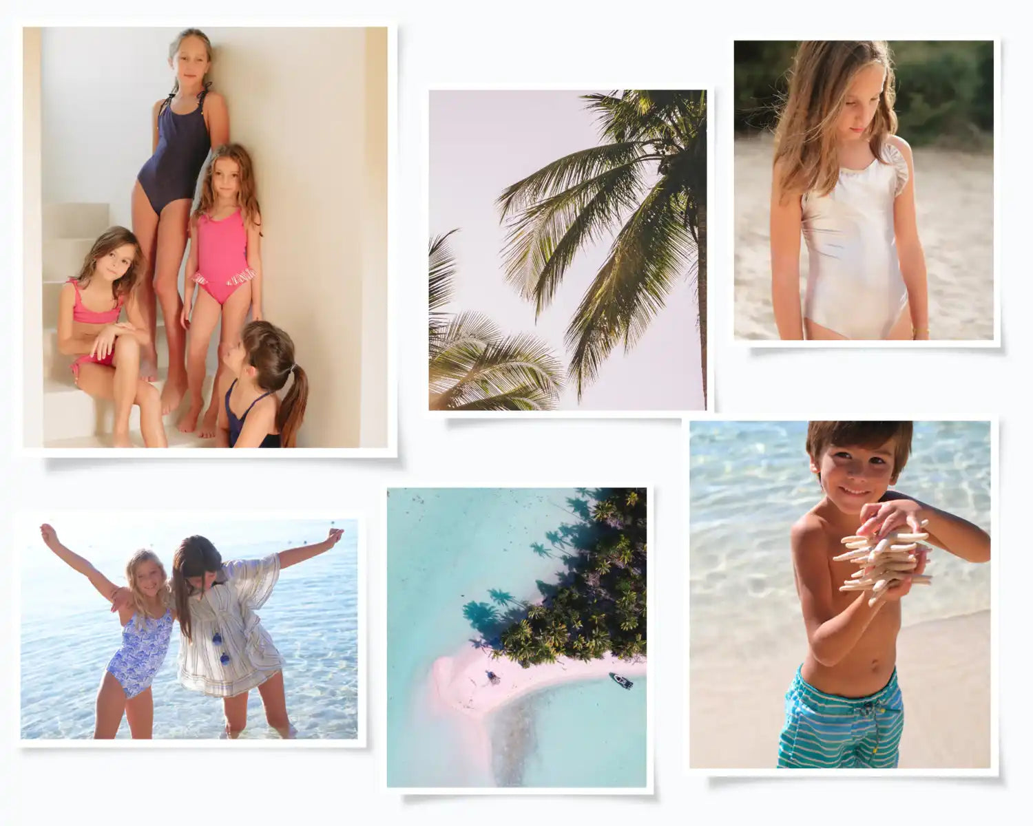 Children wearing colorful UV swimwear and beachwear on the sand and near the sea