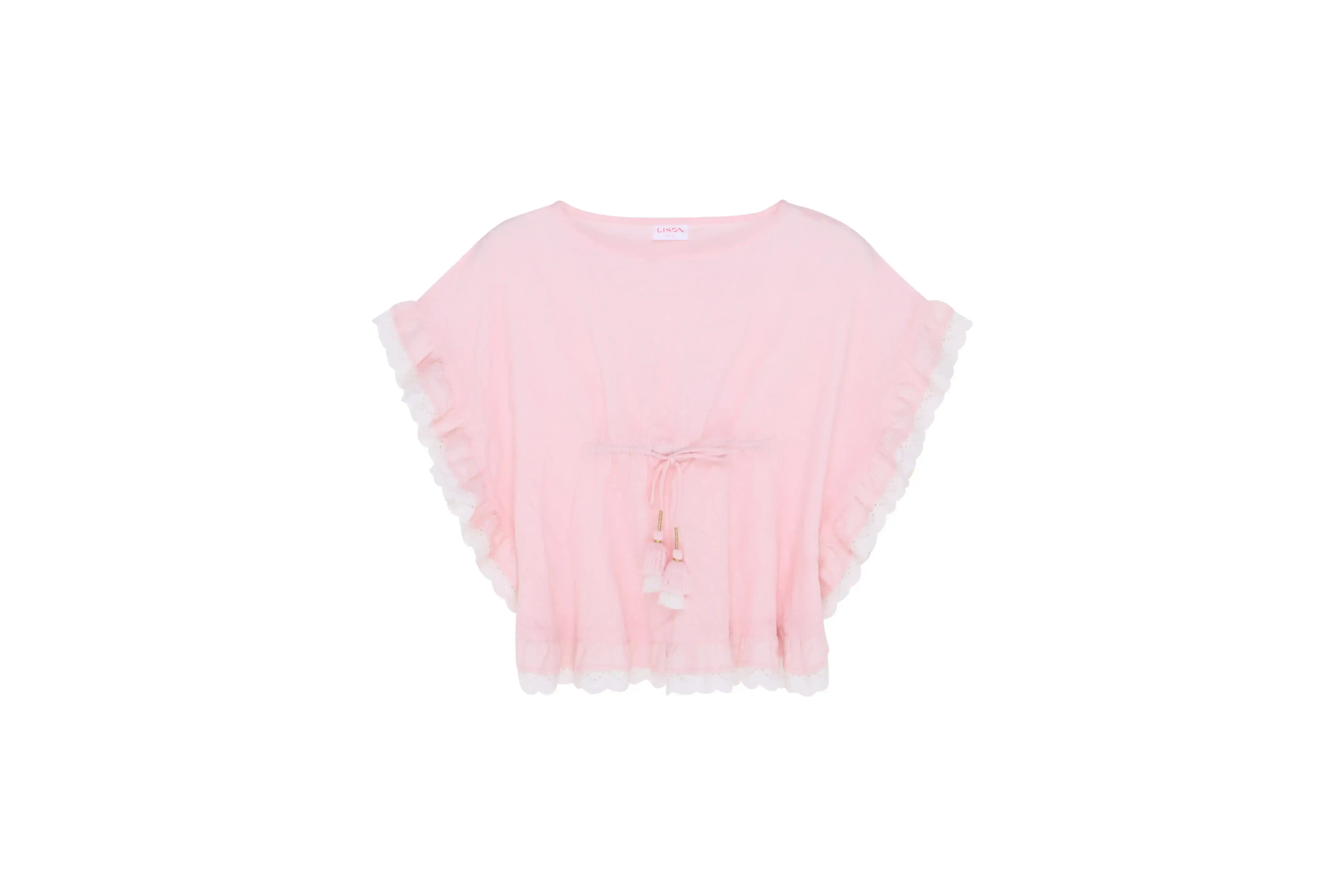 Light pink girls' beach caftan with ruffled edges and drawstring tassel waist, summer wear