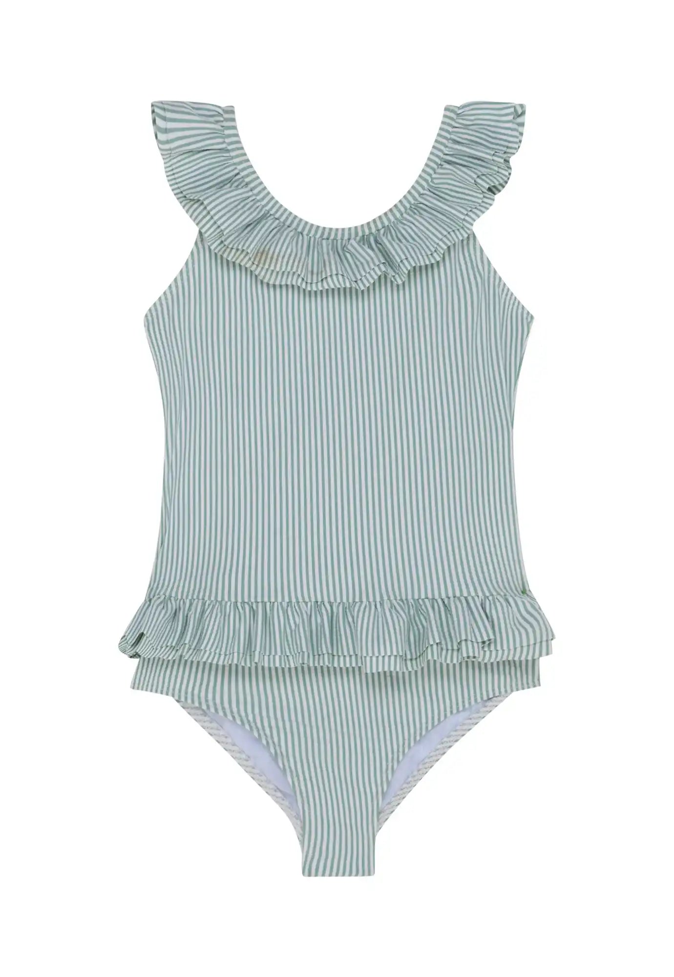Girls' green and white striped ruffled swimsuit by Lison Paris, UV protective beachwear