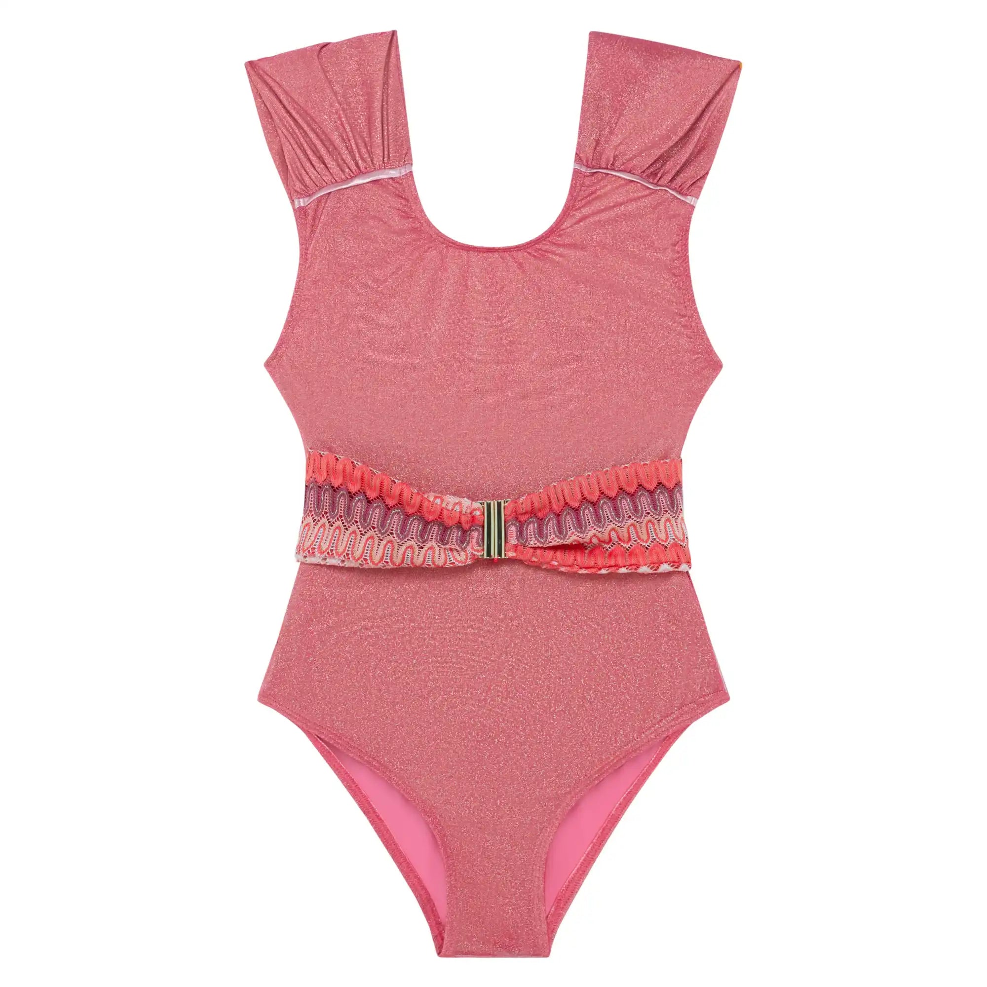Pink girl's one-piece UV swimsuit with ruffled belt, Lison Paris beachwear