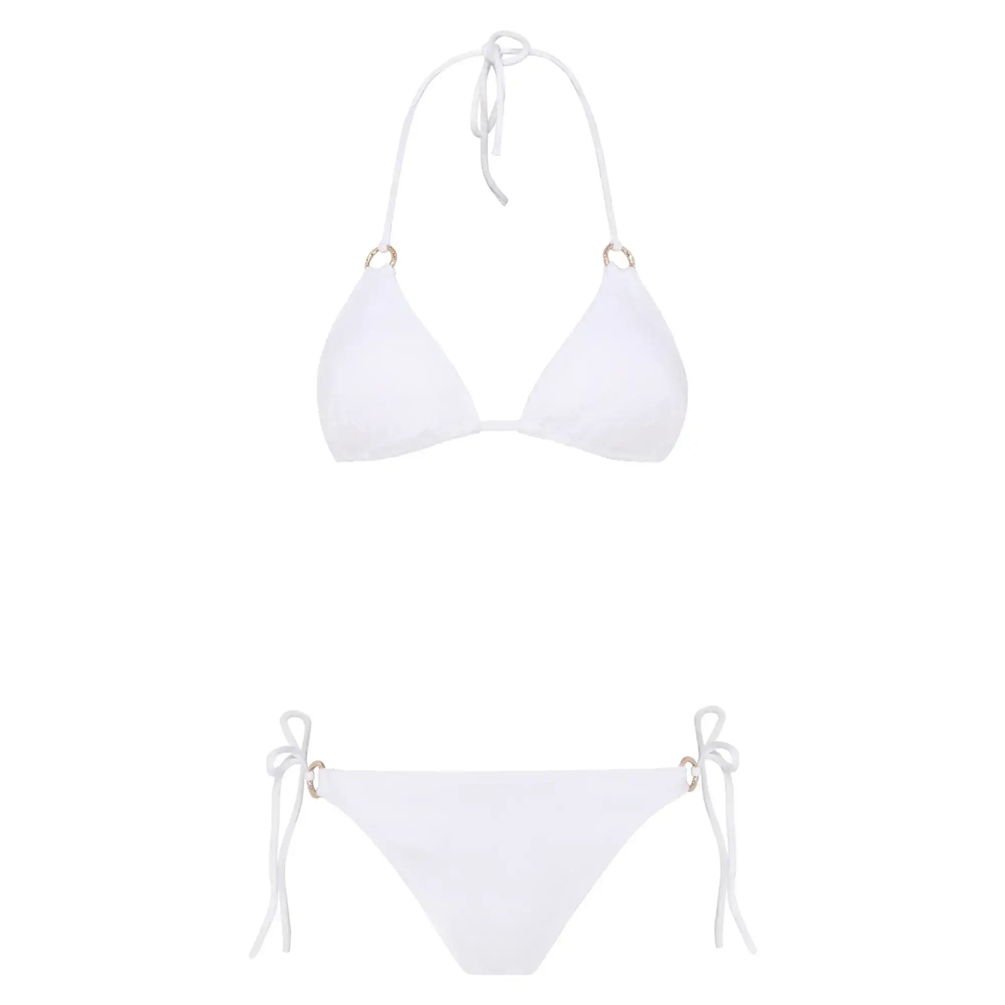 Lison Paris white triangle bikini set with gold ring accents and side tie bottoms, beachwear