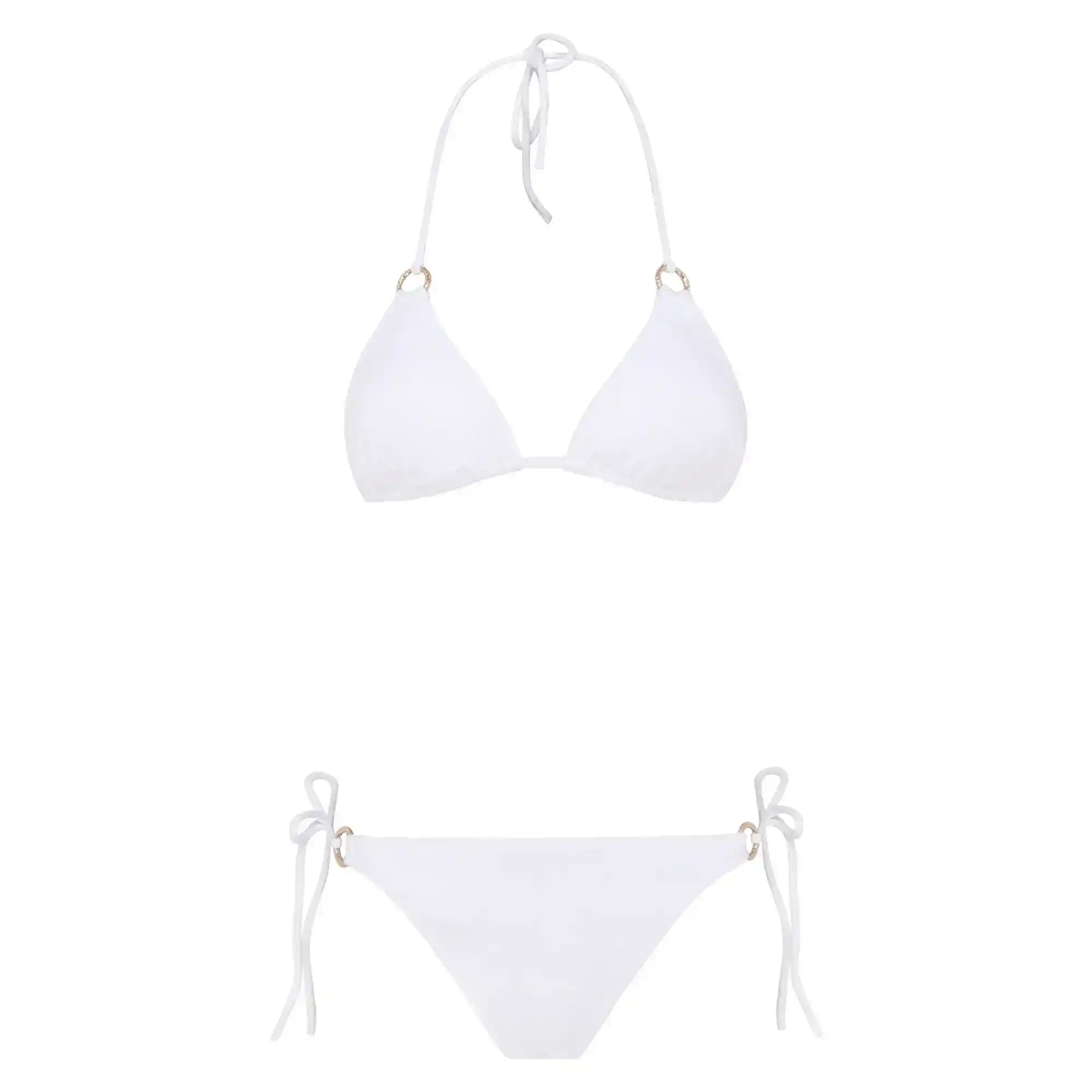 White triangle bikini with tie straps and gold ring details, laid flat on white background