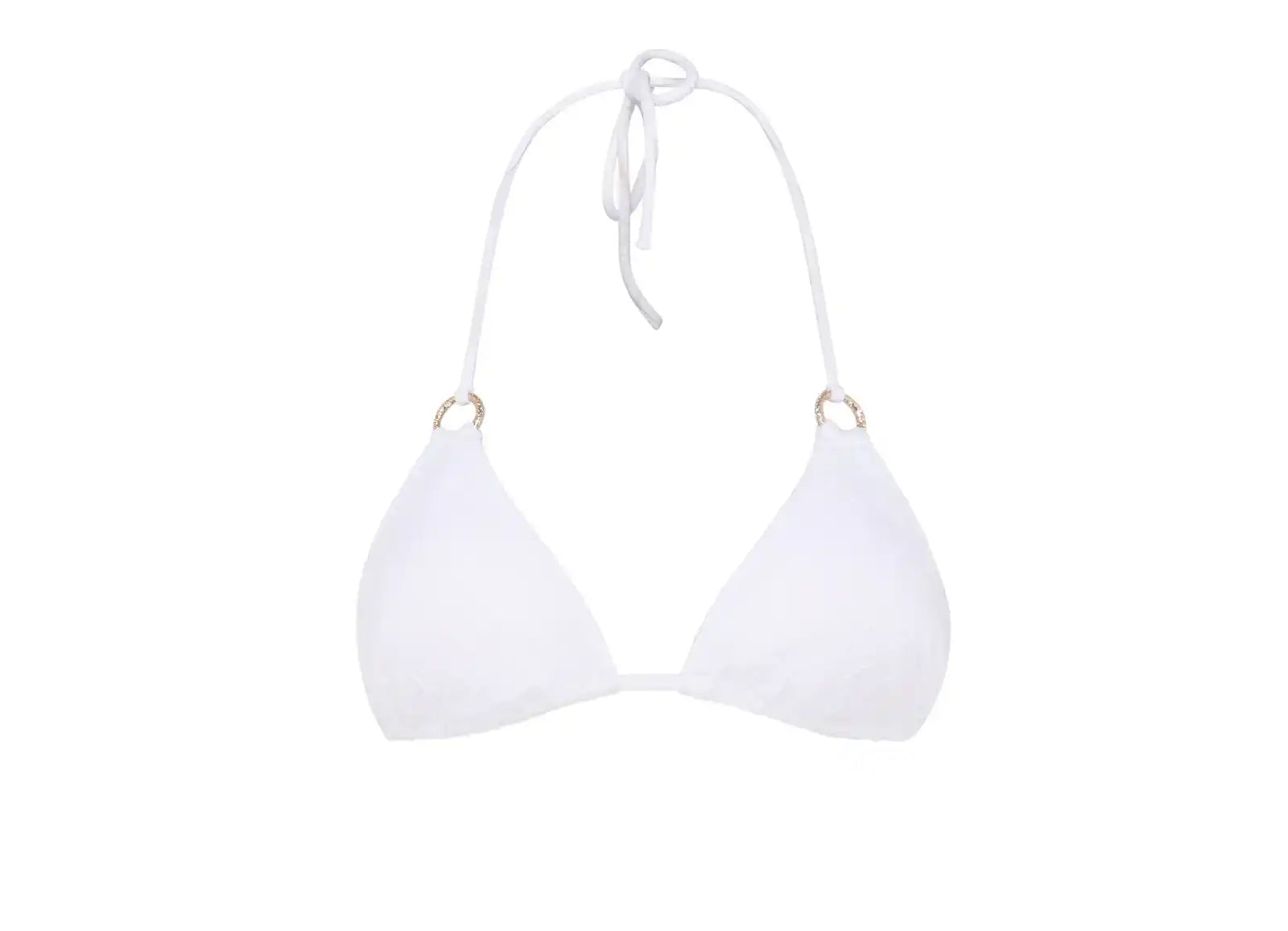 Lison Paris white triangle bikini top with gold ring accents, recycled UV-protective swimwear