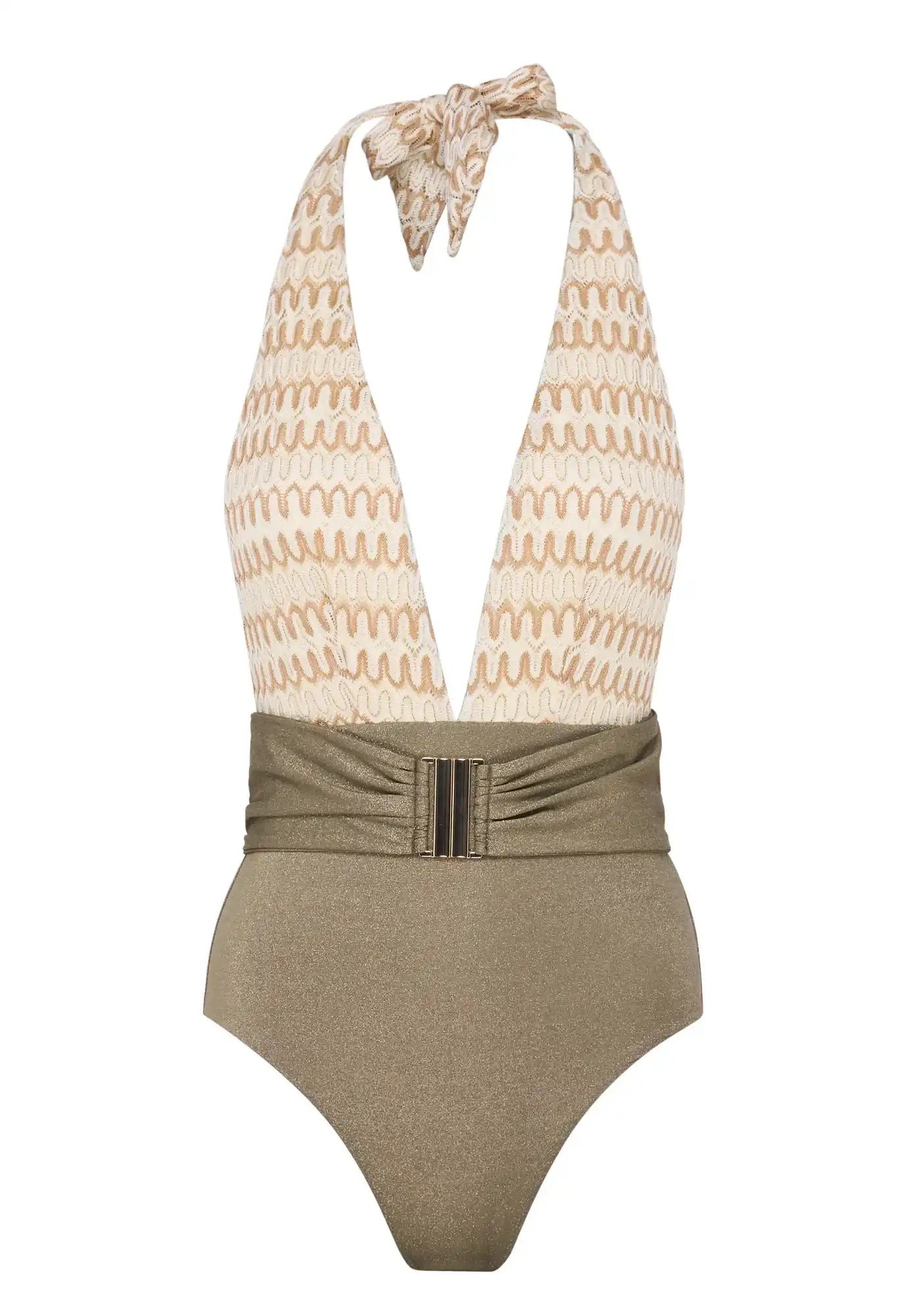 Lison Paris UV-protective one-piece swimsuit with gold belt and patterned halter top