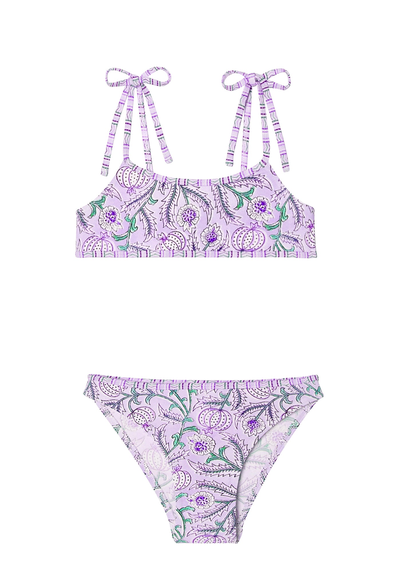 Girls' purple floral print bikini set with bow tie straps and botanical pattern