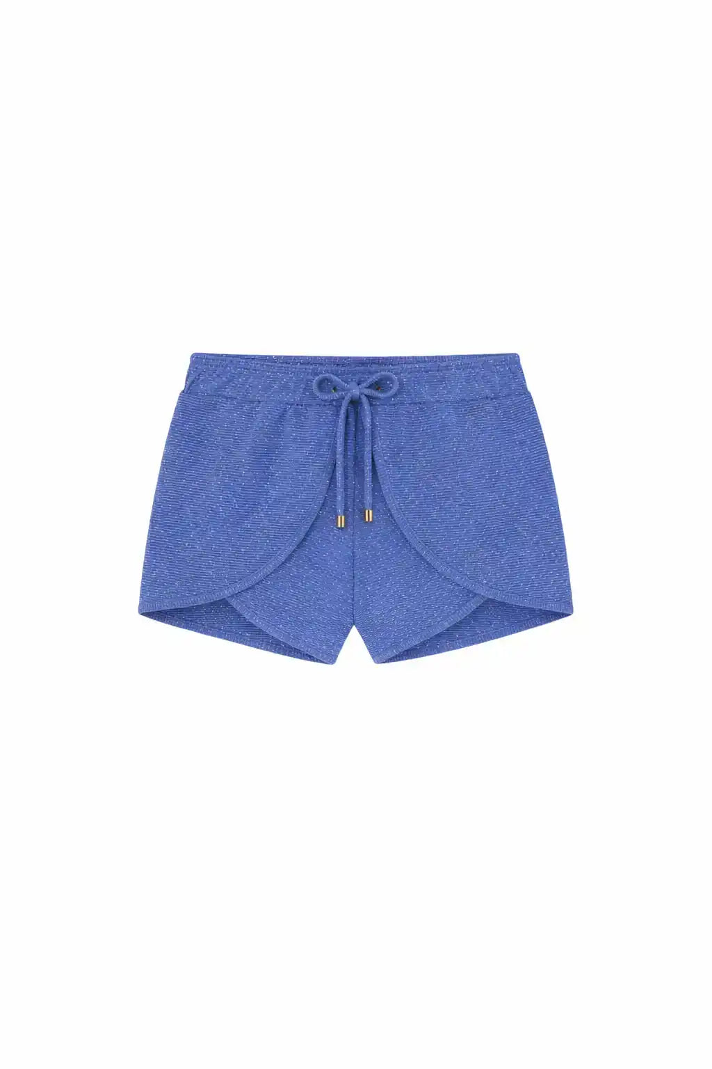 Blue girls' beach shorts with metallic thread, curved hem and drawstring waist