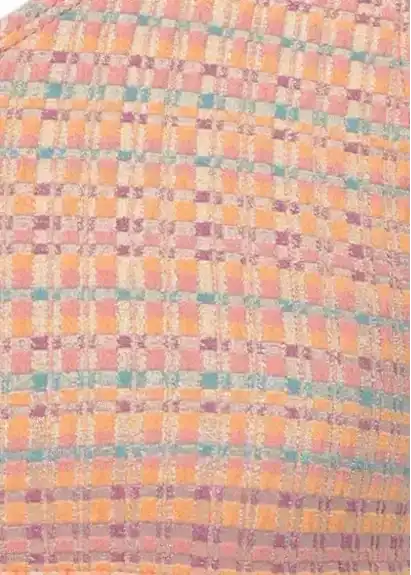 Close-up of coral, pink, and aqua plaid bikini fabric by Lison Paris, recycled fibers
