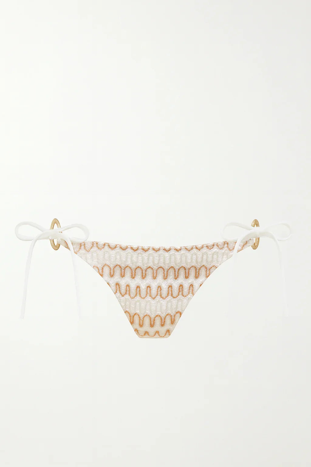 White crochet bikini bottom with gold wave pattern and side tie strings on white background