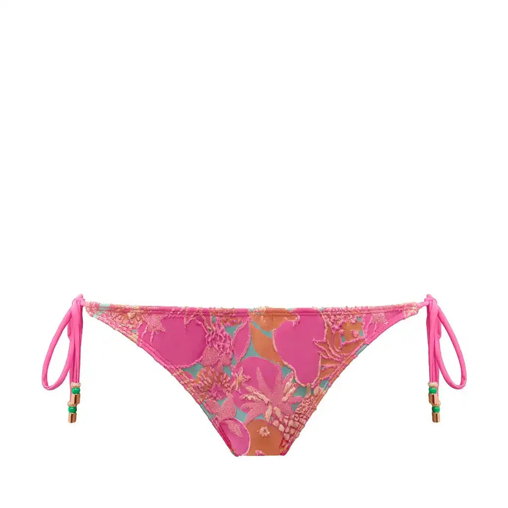 Pink floral women's bikini bottom with side ties, Lison Paris beachwear collection.