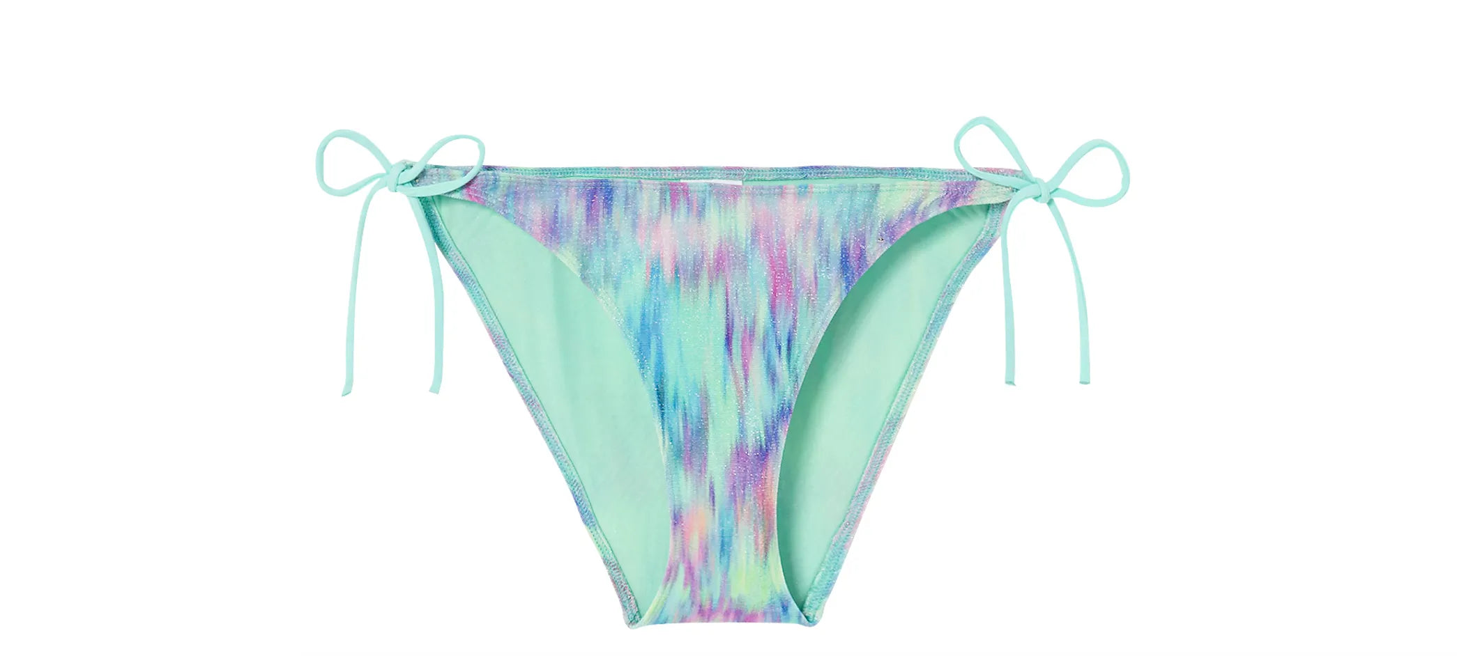 Colorful tie-dye bikini bottom with side tie straps and pastel blue interior lining