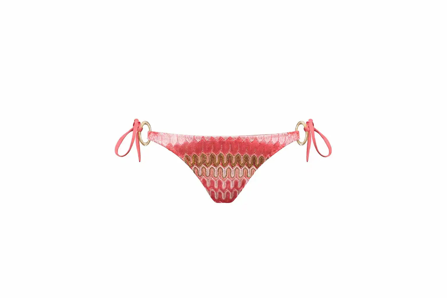 Coral crochet bikini bottom with gold accents and side ties, Lison Paris swimwear.