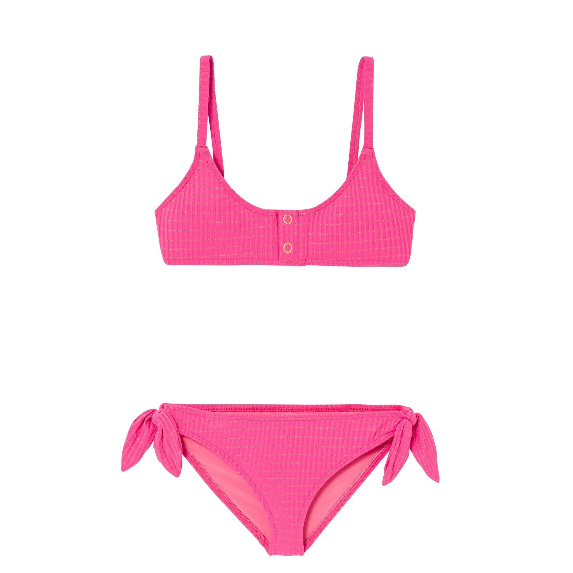 Pink girls' bikini set with gold stripes, snap button top and side tie bottoms