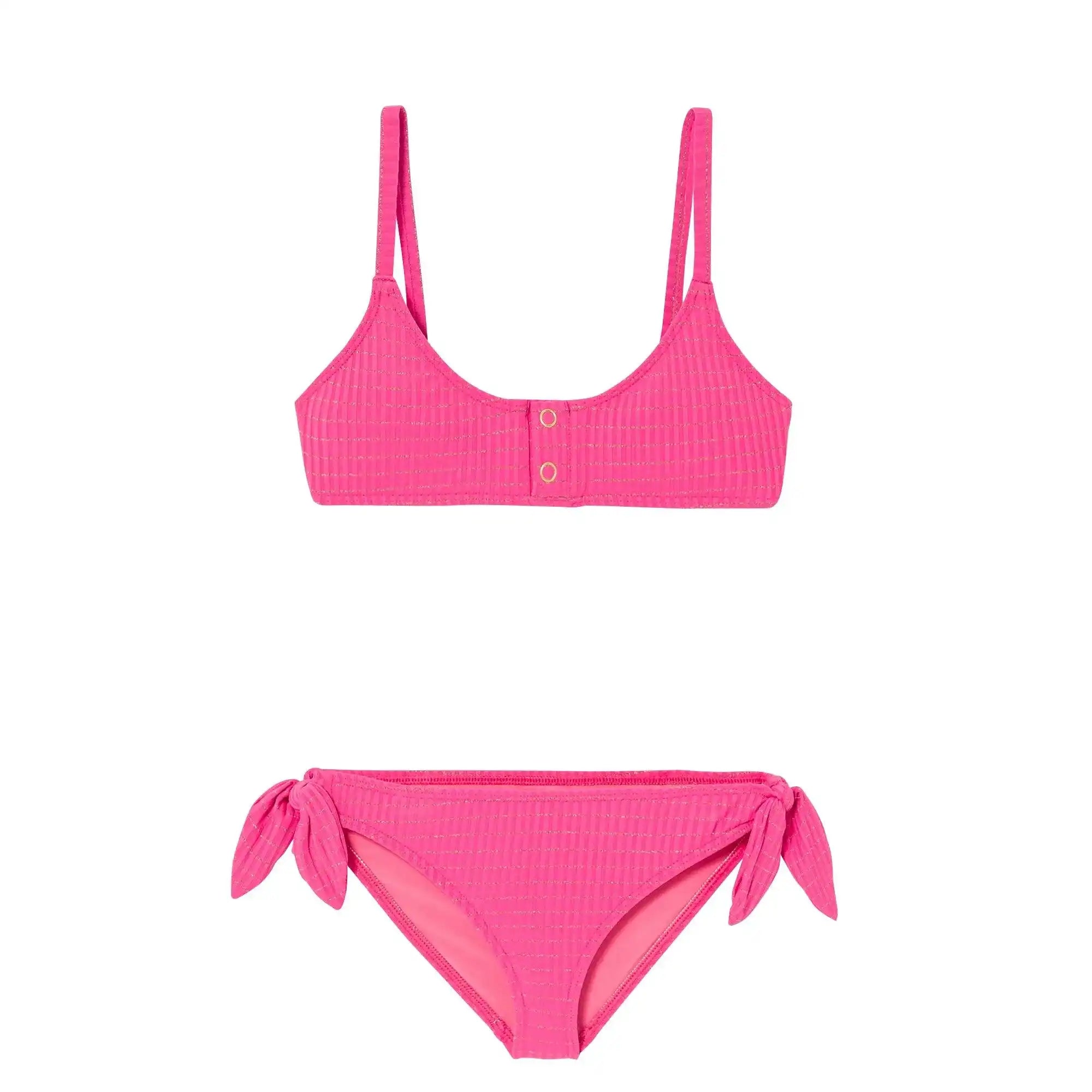 Girl's pink bikini with textured fabric, snap details, and side-tie bottoms by Lison Paris