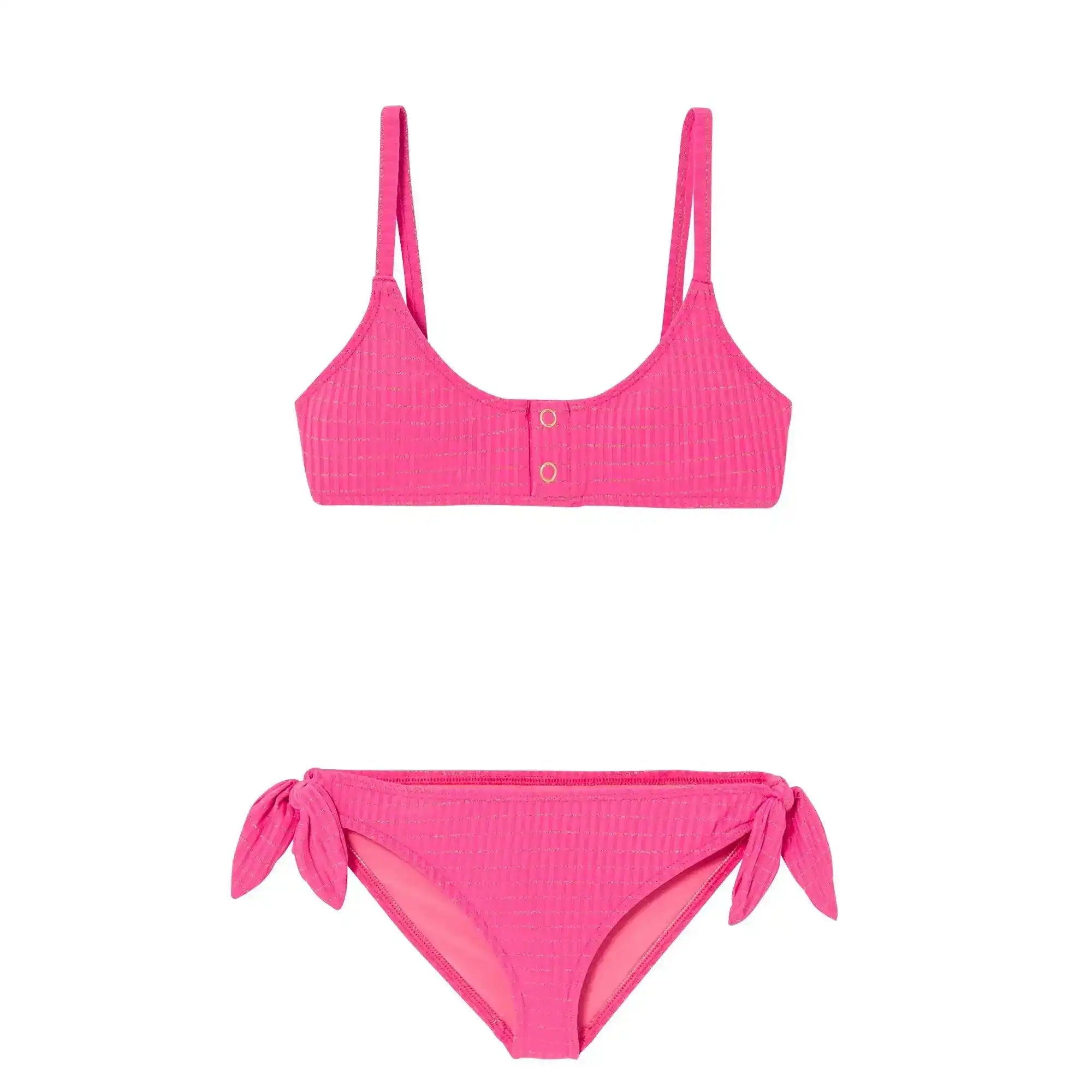 Pink girl's bikini set with textured fabric, top with snap buttons, and side-tie bottoms