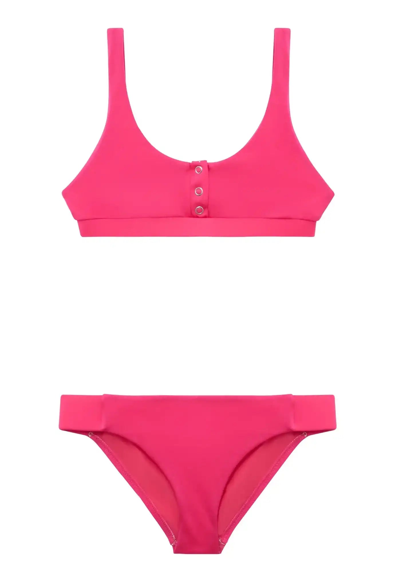 Bright pink girls' anti-UV bikini with button detail, Lison Paris swimwear collection