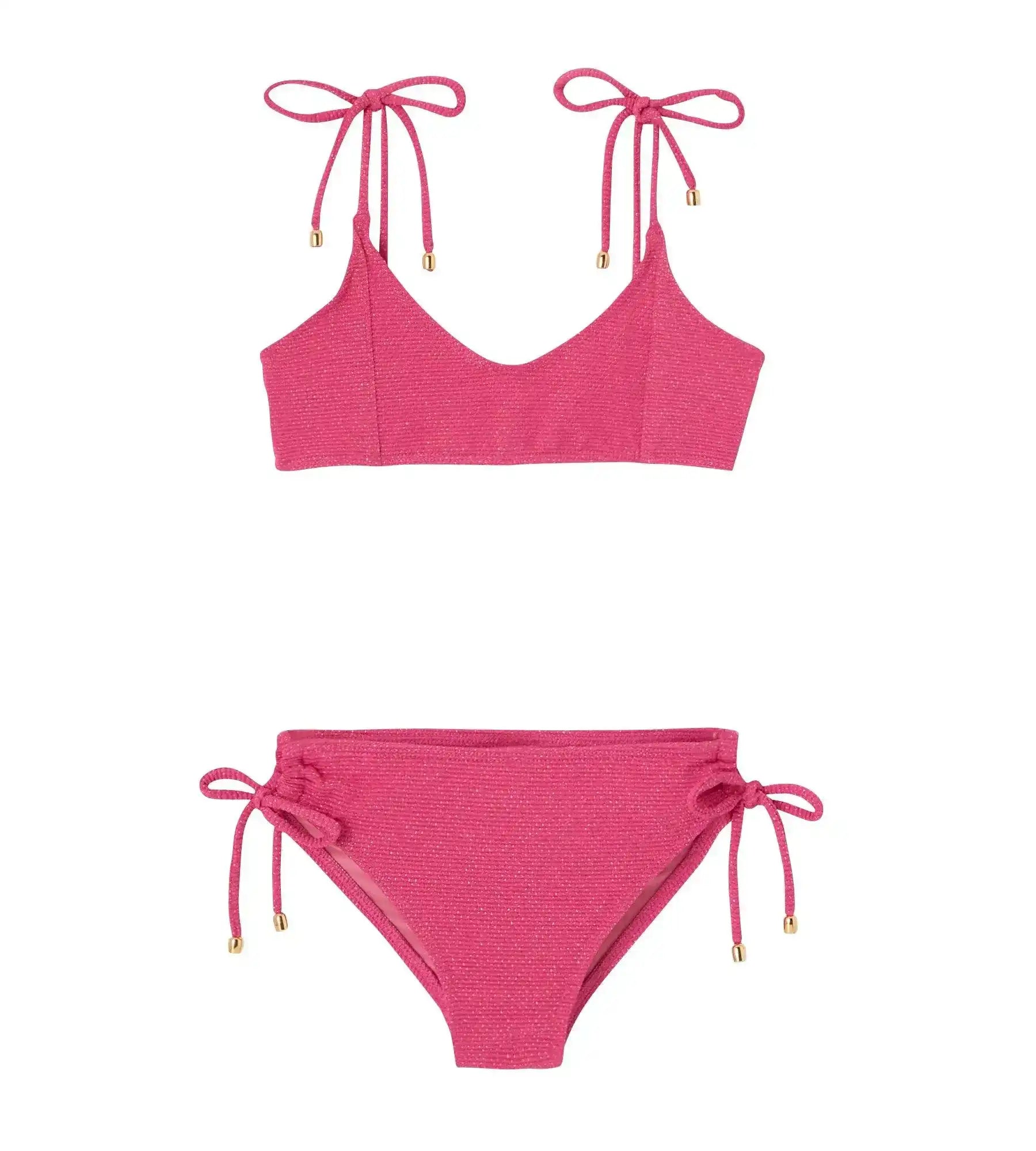 Girls' raspberry pink textured bikini with adjustable straps and gold details, front view