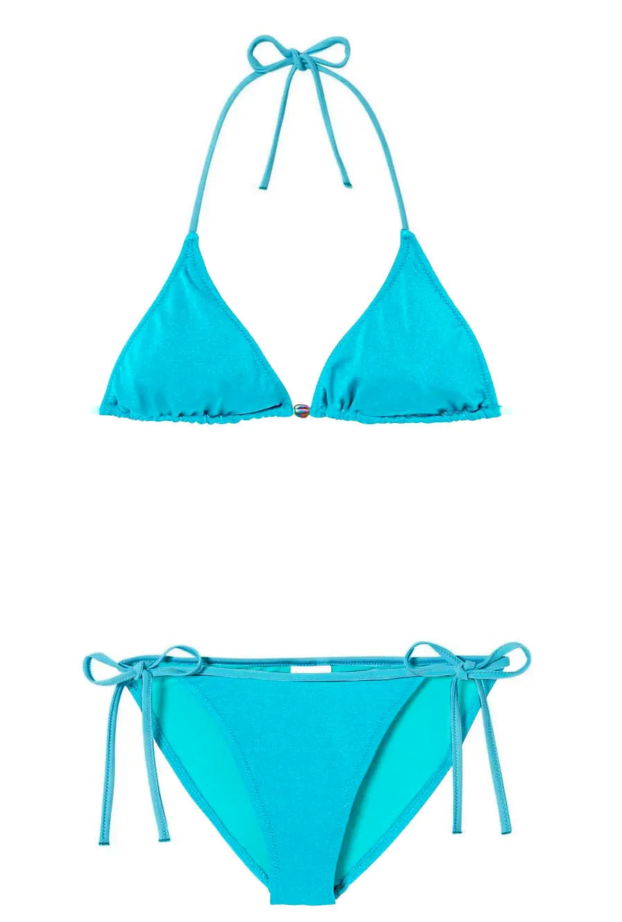 Bright blue women's triangle bikini set with tie straps on white background