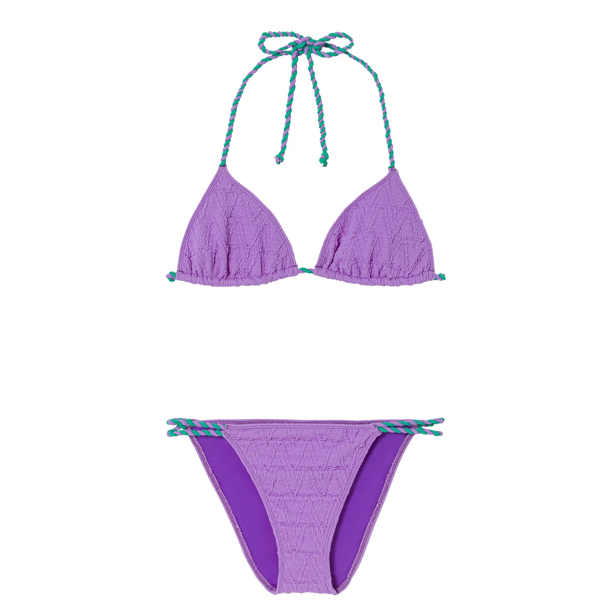 Purple textured triangle bikini set with twisted green and purple straps isolated on white