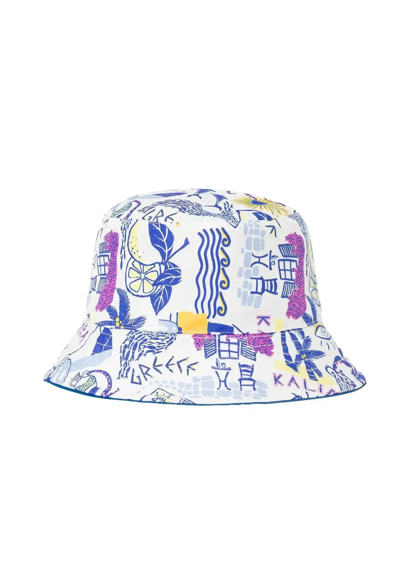 Lison Paris kids' bucket hat with blue and yellow Greek-inspired summer print on white fabric