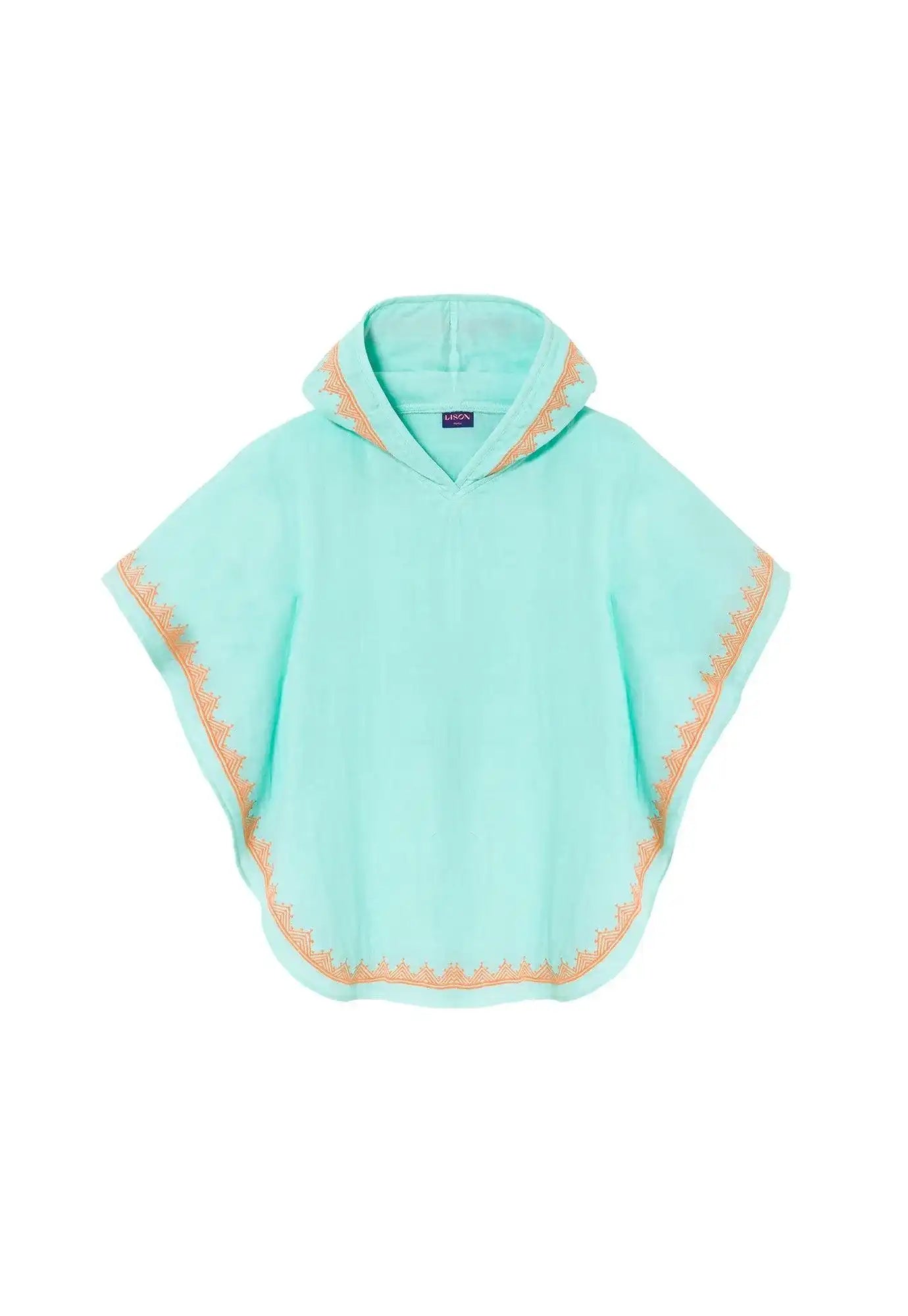 Aqua blue boys' hooded caftan with gold trim, Lison Paris beachwear collection.