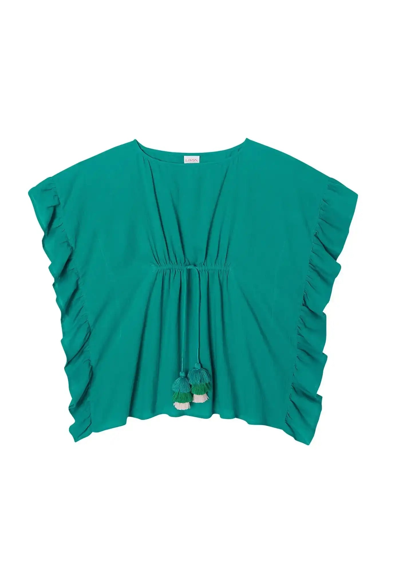 Emerald green girls' caftan with ruffled sleeves and tassel details from Lison Paris.