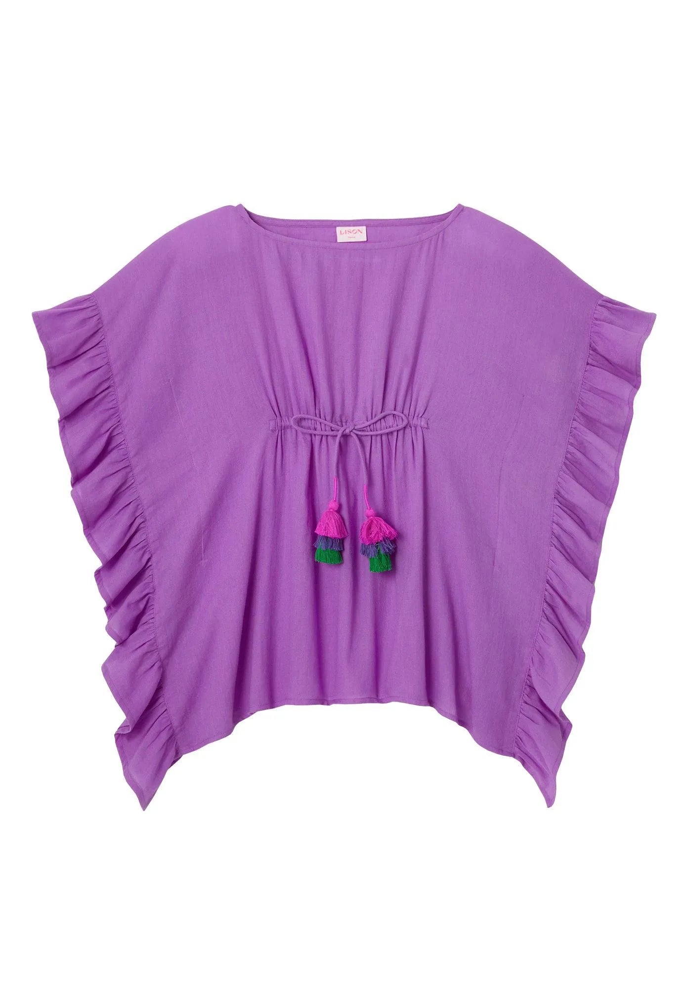 Purple girl's caftan with ruffled sleeves and colorful tassel tie detail