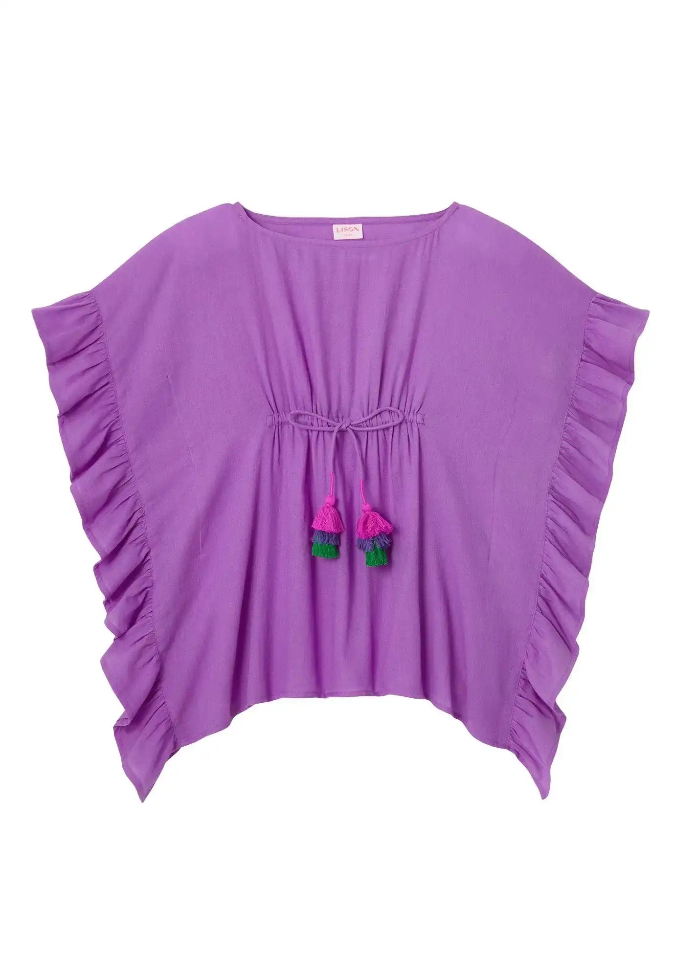 Purple girls' caftan with ruffled sleeves and pompom ties, Lison Paris beachwear